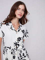 Printed Short Sleeve Button Front Dress With Sash